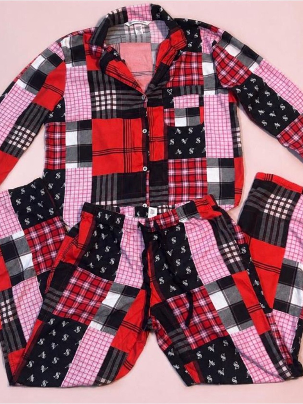 Victoria's Secret Patchwork Plaid Pajama Set - Red, Pink, Black & White